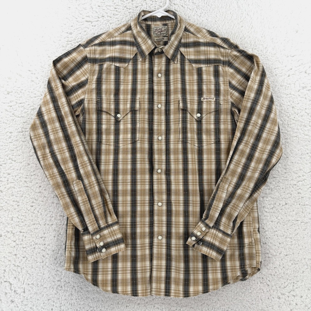 Lucky Brand Shirt Mens Medium Beige Plaid Long Sleeve Snap Western Casual